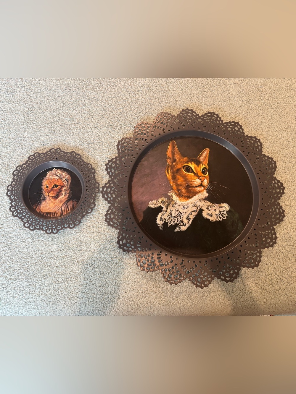 Two (2) Vintage IKEA Skurar Metal Wall Plates featuring Victorian cats.